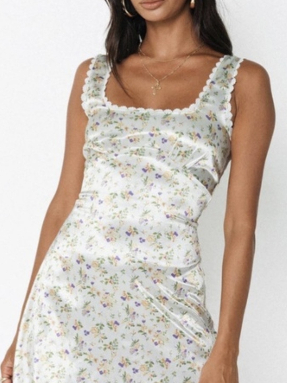 Princess Polly Tan Floral Satin Mini Dress with Lavender & Green Print